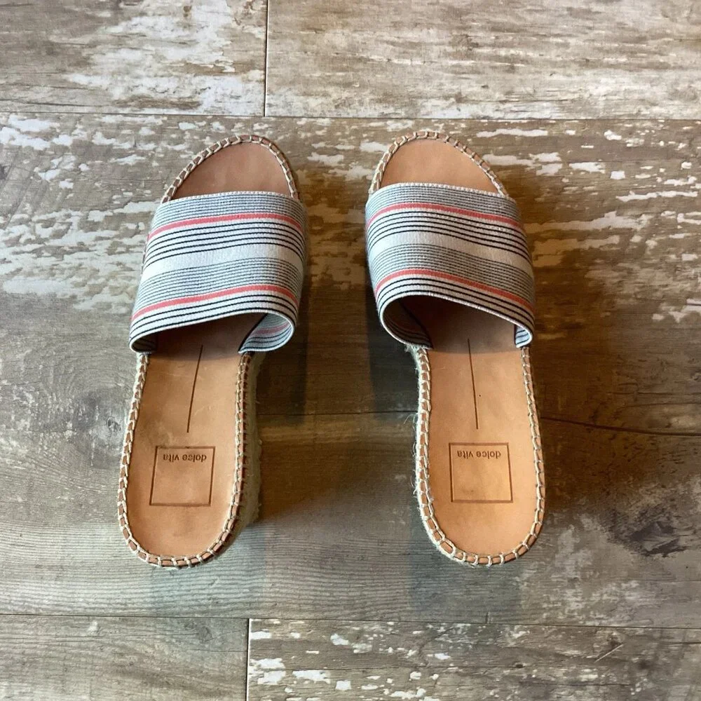 Dolce Vita Striped Canvas Espadrille Wedge Slides in Cream, Black & Coral